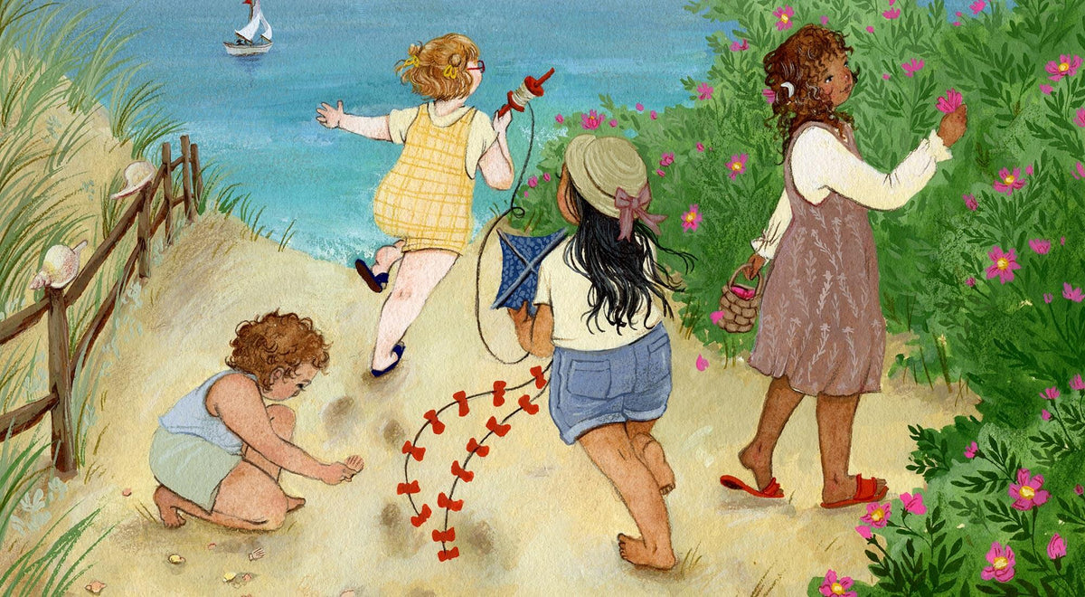 Painted watercolor beach scene.