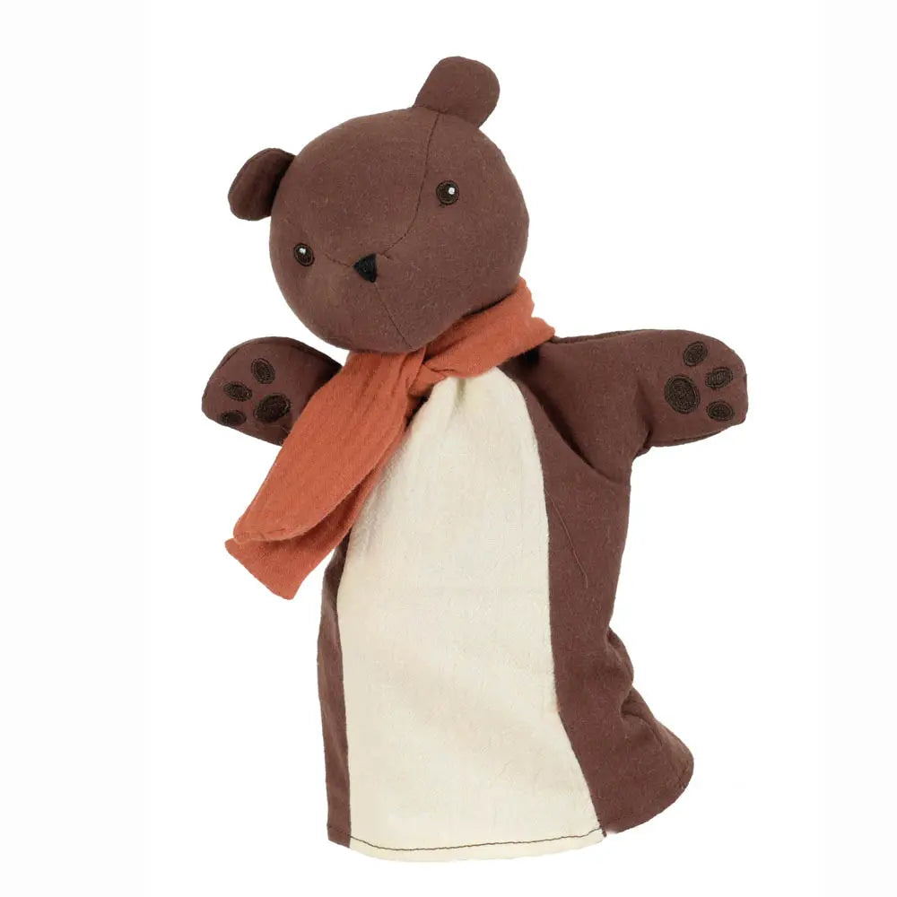 Soft cotton bear hand puppet with embroidered features, designed for imaginative storytelling and pretend play - Bella Luna Toys