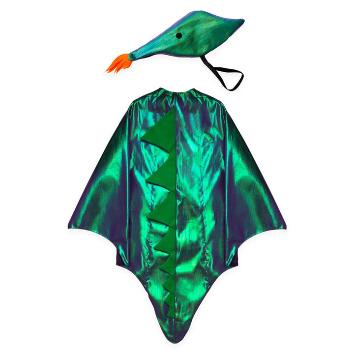 Children’s green metallic dragon costume set from Meri Meri with winged cape and dragon headpiece featuring flame detail and embroidered eyes.