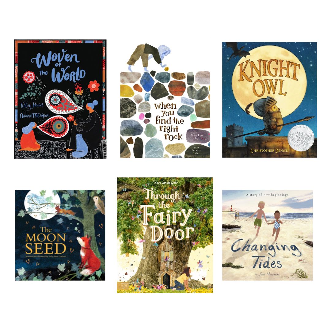 2025 Summer Book Club selections: Woven of the World, When You Find the Right Rock, Knight Owl, The Moon Seed, Through the Fairy Door, Changing Tides