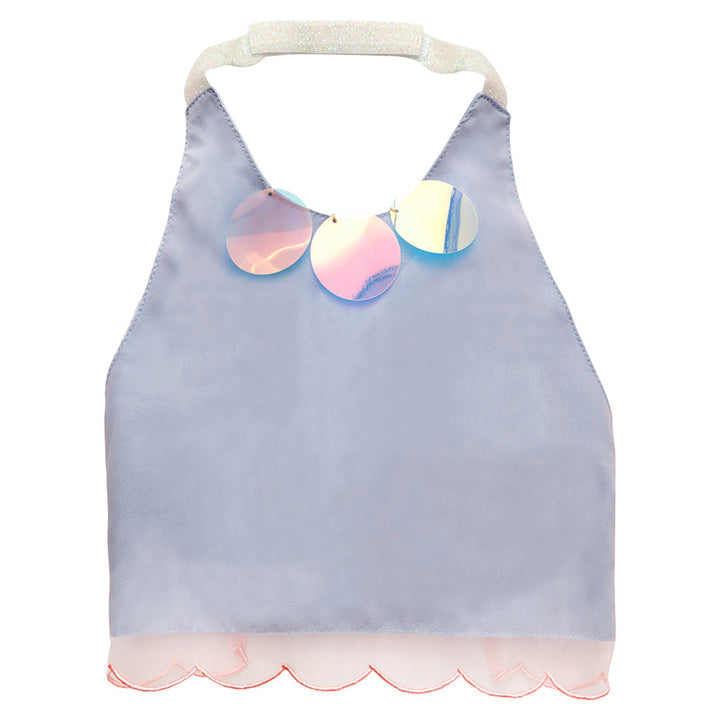 Light blue top with irridescent scales along neckline and scalloped edge.