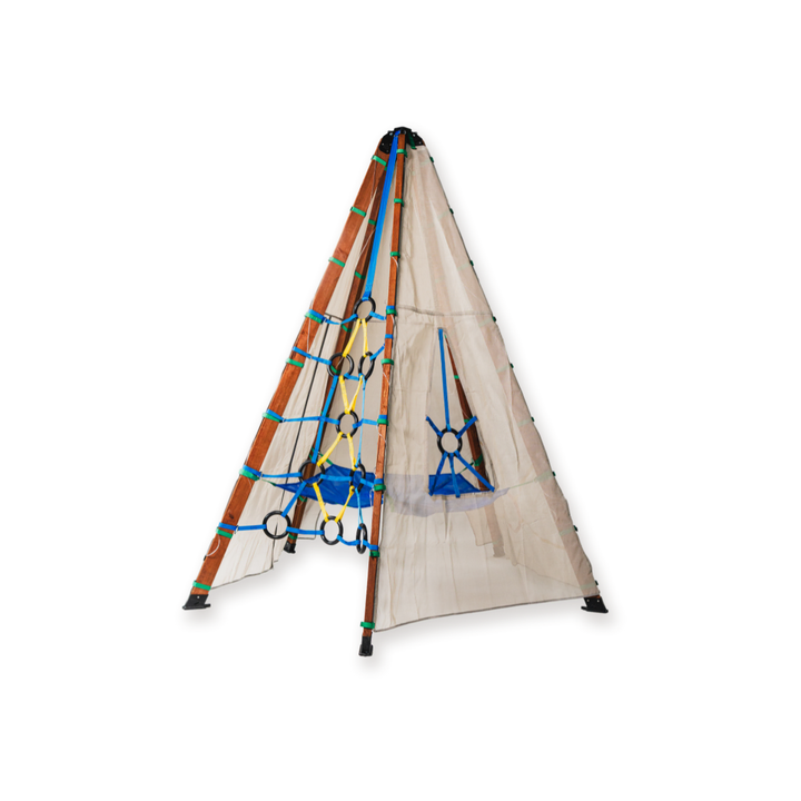 Bijou Build Mainstay collapsible outdoor wooden playset with climbing net, swing seat, and fabric canopy for imaginative backyard play.