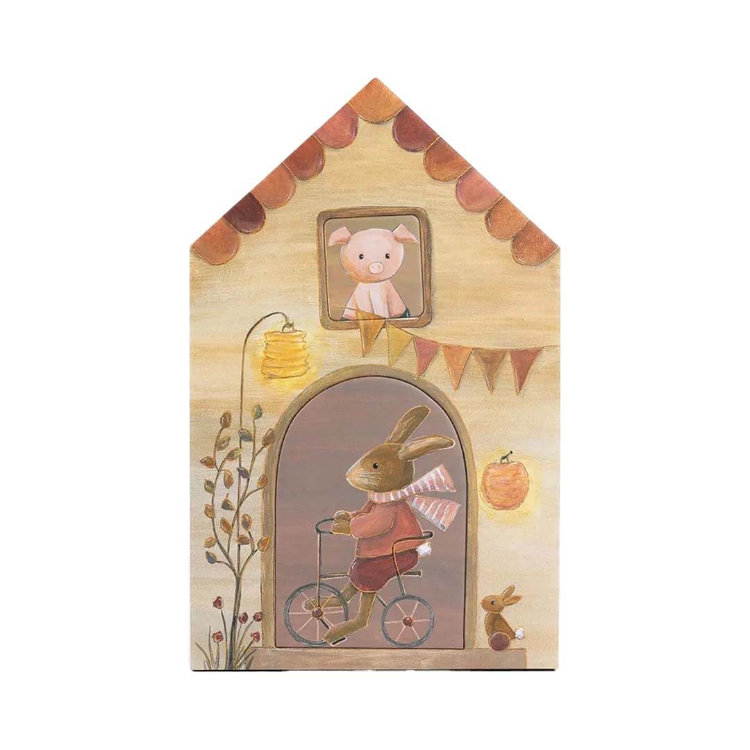 Decorative house-shaped puzzle from Egmont with a rabbit on a bike and a pig peeking out of a window - Bella Luna Toys