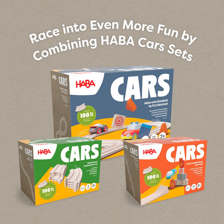 Three HABA Cars packages with the words "Race into Even More Fun by Combining HABA Cars Sets." on top