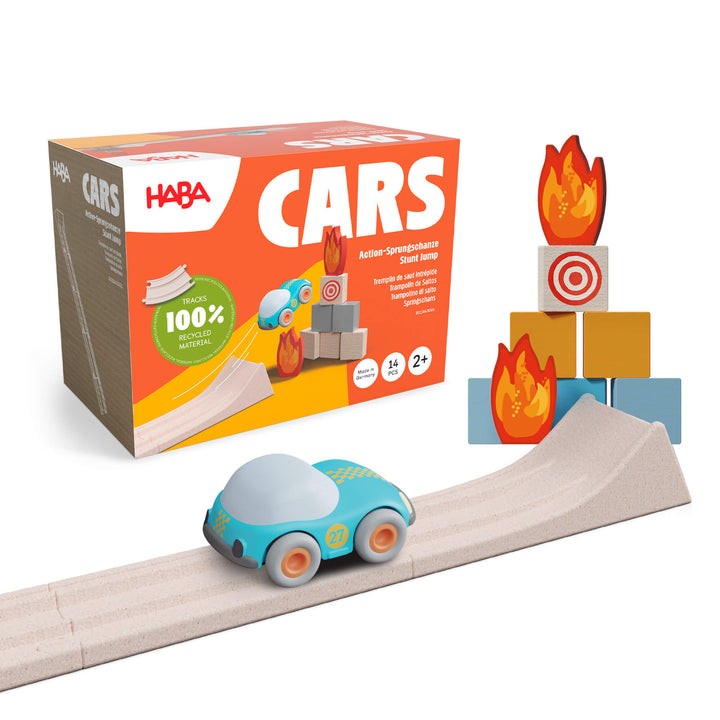 HABA Cars Stunt Jump Set package with track set with a blue toy car and 
obstacles.