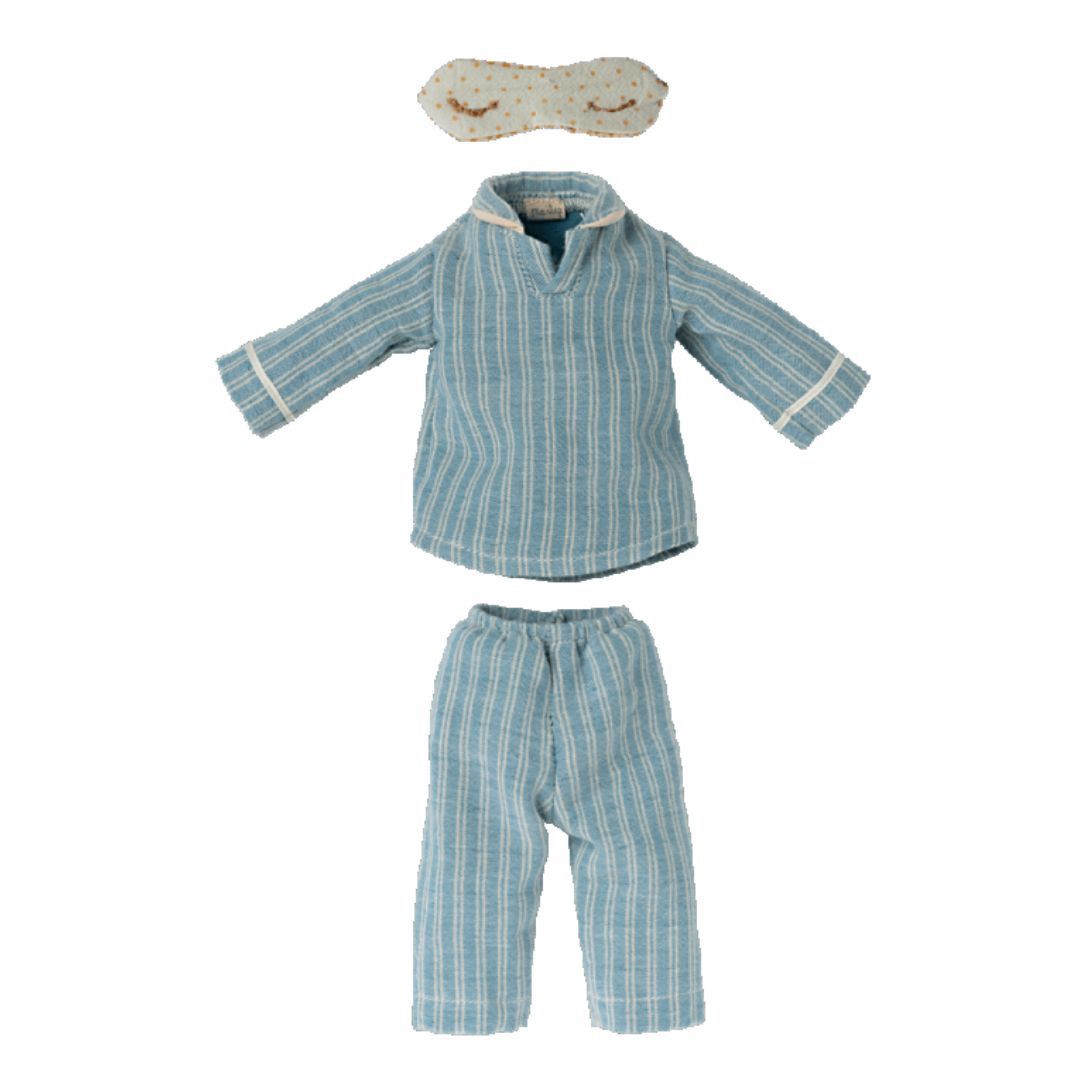 A pair of blue striped pajamas and a polkadot eyemask for a medium Maileg mouse stuffed animal.