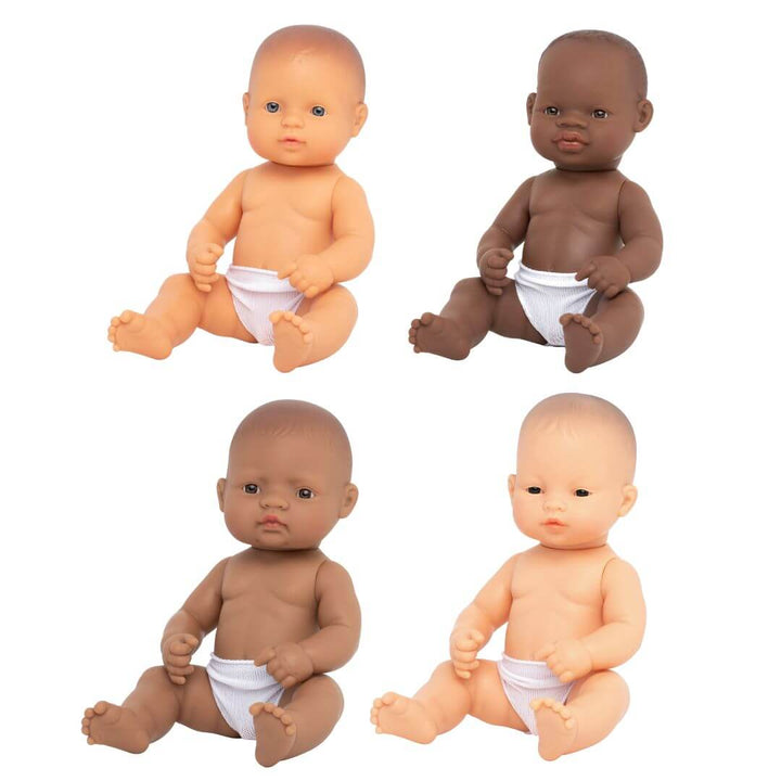 A set of four Miniland 12-inch Realistic Montessori Baby Dolls, each representing a different ethnic background—White, Black, Hispanic, and Asian. Anatomically correct and designed for inclusive, educational play. Each boy baby doll comes in a white pair of underwear.
