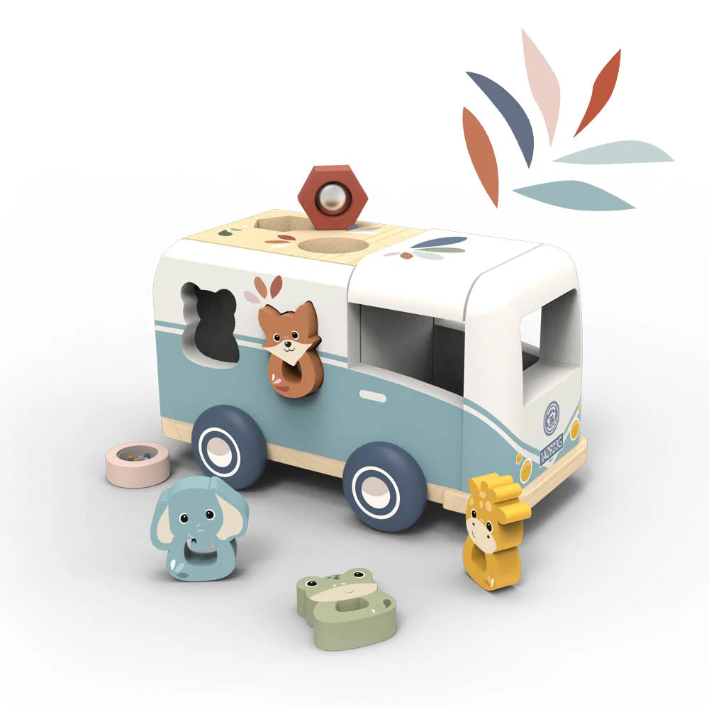 Speedy Monkey Wooden van shape sorter with animal-shaped blocks and geometric sorting holes, shown with animals both in the slots and placed around the  an - Bella Luna Toys