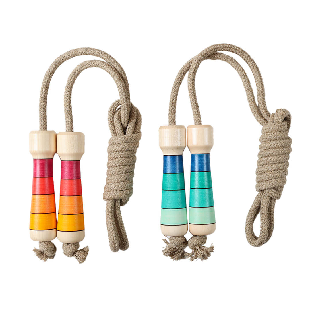 Skipping Rope - Red and Blue Wooden Handle on a white background.