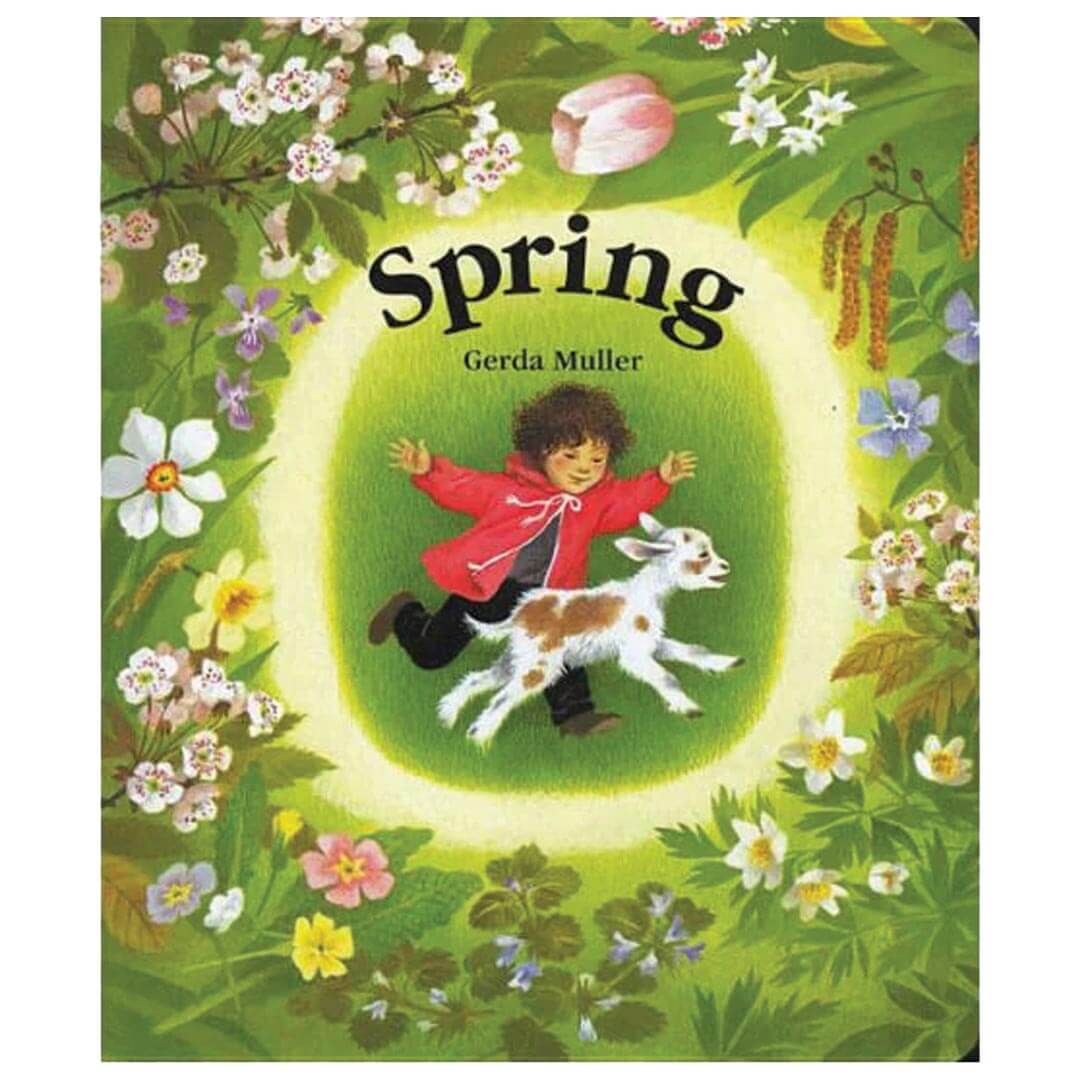 Book cover of 'Spring' by Gerda Muller with a child and lamb surrounded by flowers.