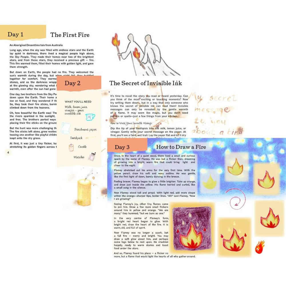 Interior preview of A Year and a Day Magazine – Issue 22: Fire, showing illustrated pages with fire-themed crafts and stories, including “The First Fire,” “The Secret of Invisible Ink,” and “How to Draw a Fire,” along with colorful flame icons and playful handwritten notes.