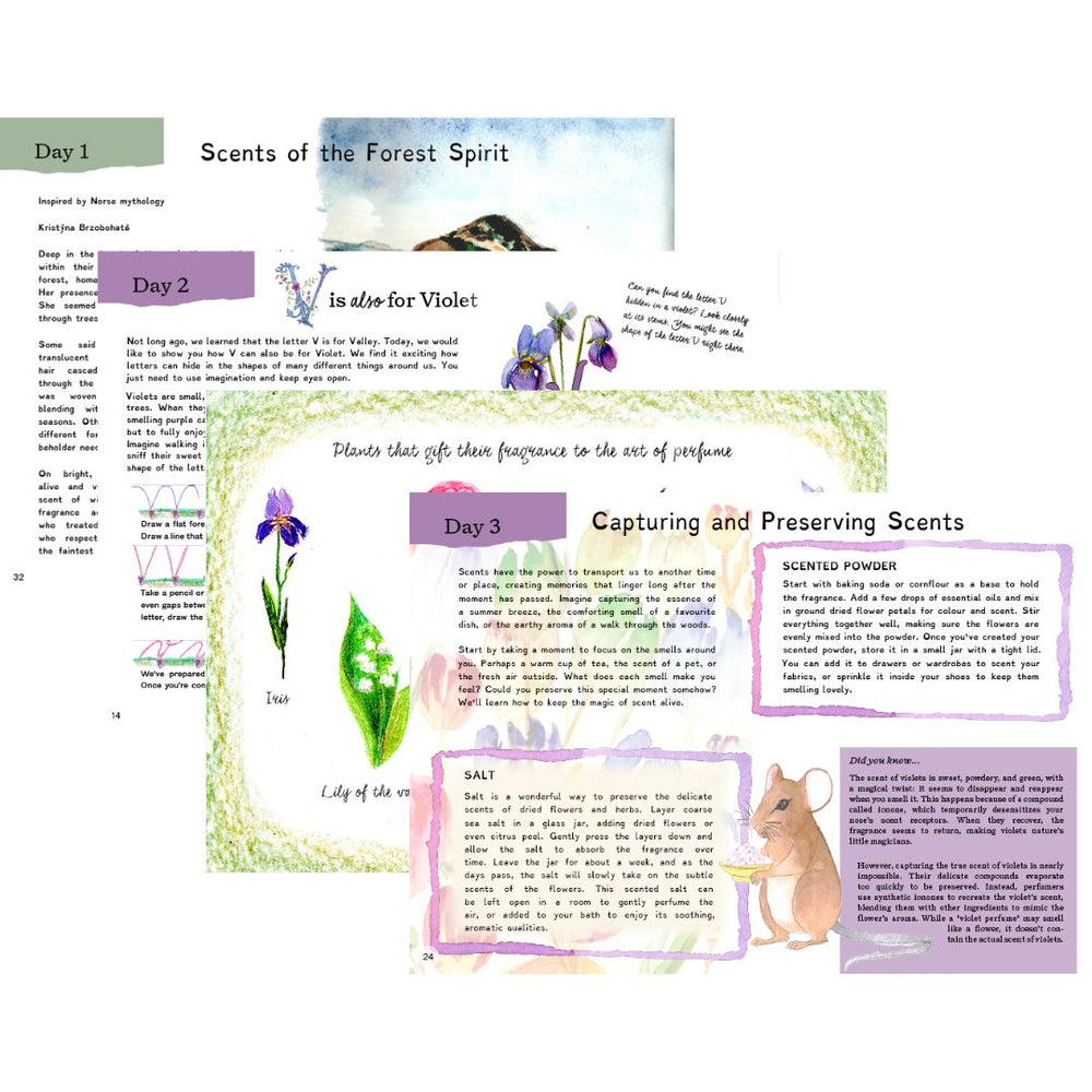 Interior page examples from A Year and a Day Seasonal Children's Magazine - Issue 21 - Spring 2025 - Magical Scents.