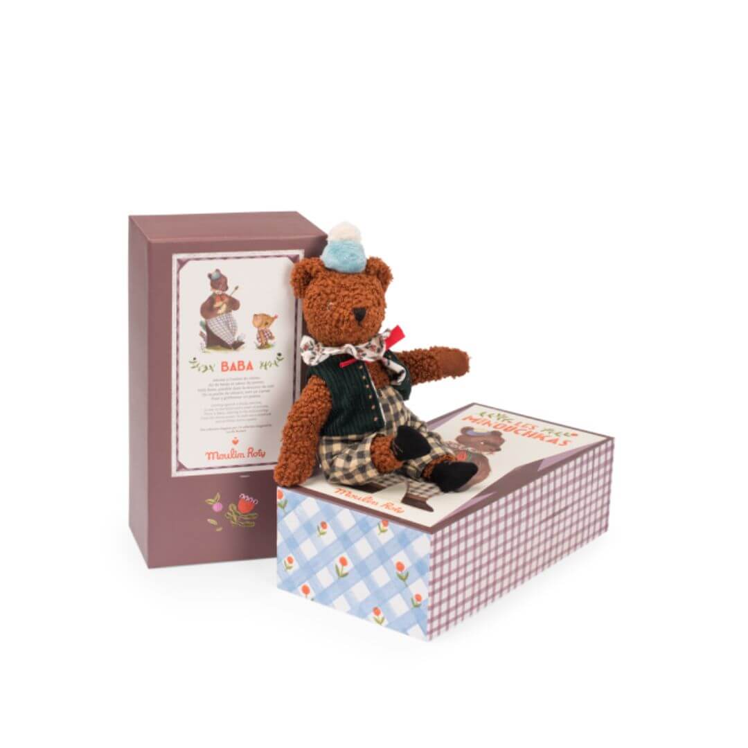 Moulin Roty - Baba the large bear sitting on a decorated box.