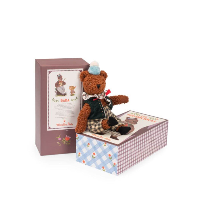 Moulin Roty - Baba the large bear sitting on a decorated box.