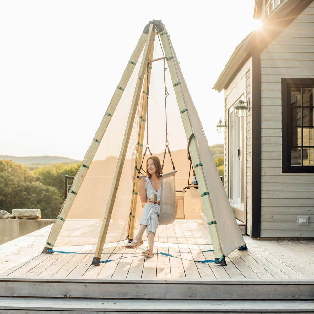 Bijou Build Haven modular tent system with swing attachment.