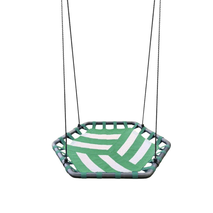 Bijou Kubix Swing with a hexagon-shaped steel frame, green UV-resistant platform seat, and adjustable hanging ropes for indoor or outdoor play - Bella Luna Toys