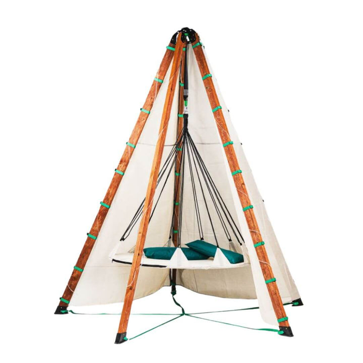 Bijou Build Nest outdoor shelter with suspended 5-foot Hover swing, UV-protective fabric canopy, solar LED lights, and cushions for relaxing outdoors - Bella Luna Toys