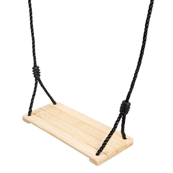 Bijou Build wooden hanging table with adjustable black ropes and carabiners, designed for outdoor play spaces and convertible into a swing with the Bijou Swing Arm - Bella Luna Toys