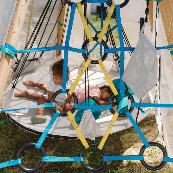 Sky Hover Swing with a spacious 5-foot suspended platform, hanging ropes, and two outdoor cushions for relaxing and outdoor play - Bella Luna Toys