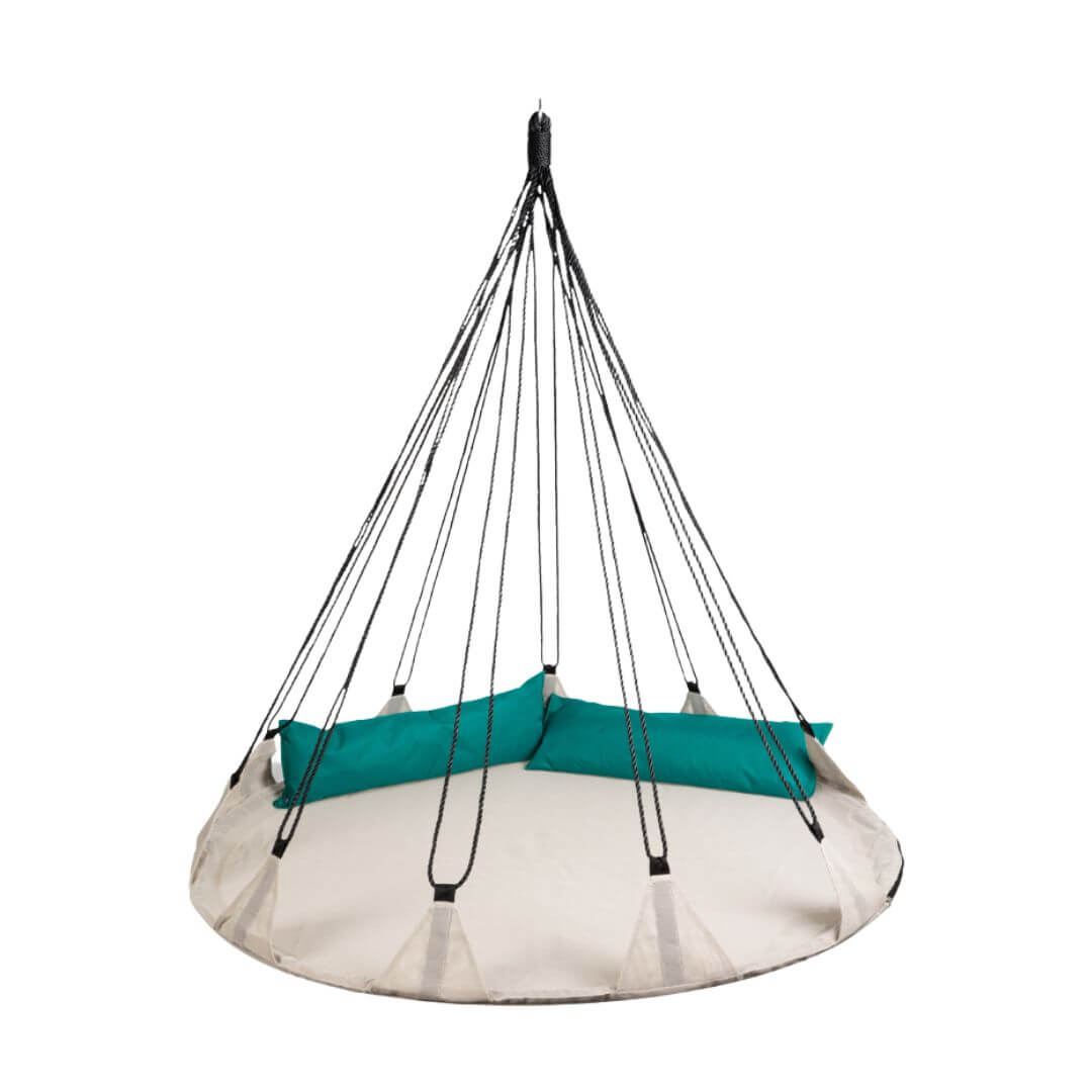 Sky Hover Swing with a spacious 5-foot suspended platform, hanging ropes, and two outdoor cushions for relaxing and outdoor play - Bella Luna Toys