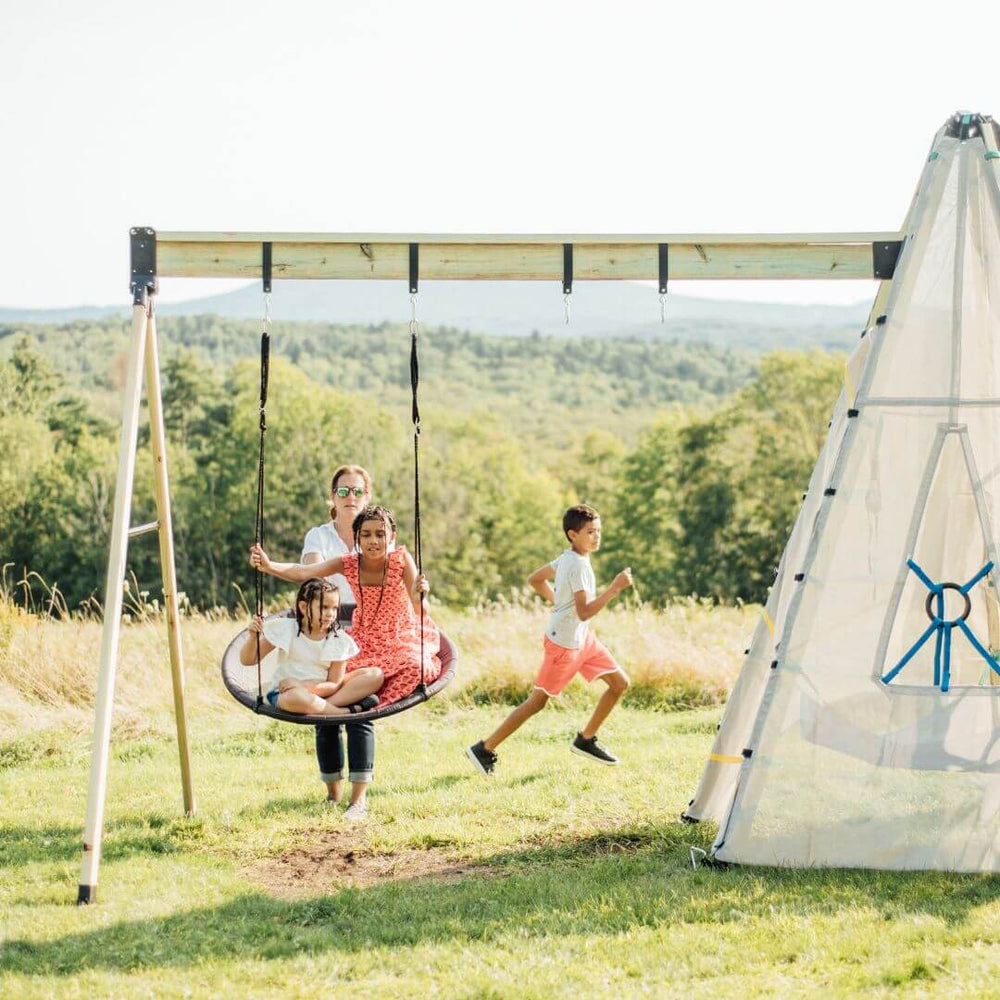 Bijou Build Swing Arm Adaptor Kit with steel brackets and hardware for expanding the Mainstay into a freestanding outdoor swing set using customer-supplied lumber - Bella Luna Toys