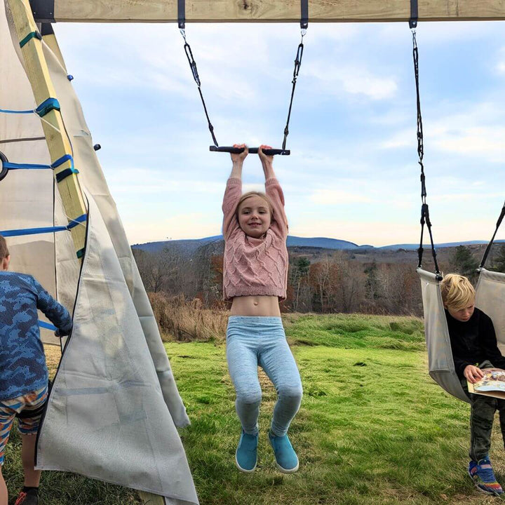 Bijou Build Swing Arm Adaptor Kit with steel brackets and hardware for expanding the Mainstay into a freestanding outdoor swing set using customer-supplied lumber - Bella Luna Toys