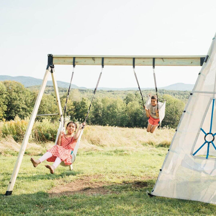 Bijou Build Swing Arm Adaptor Kit with steel brackets and hardware for expanding the Mainstay into a freestanding outdoor swing set using customer-supplied lumber - Bella Luna Toys