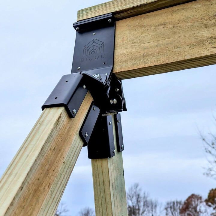 Bijou Build Swing Arm Adaptor Kit with steel brackets and hardware for expanding the Mainstay into a freestanding outdoor swing set using customer-supplied lumber - Bella Luna Toys