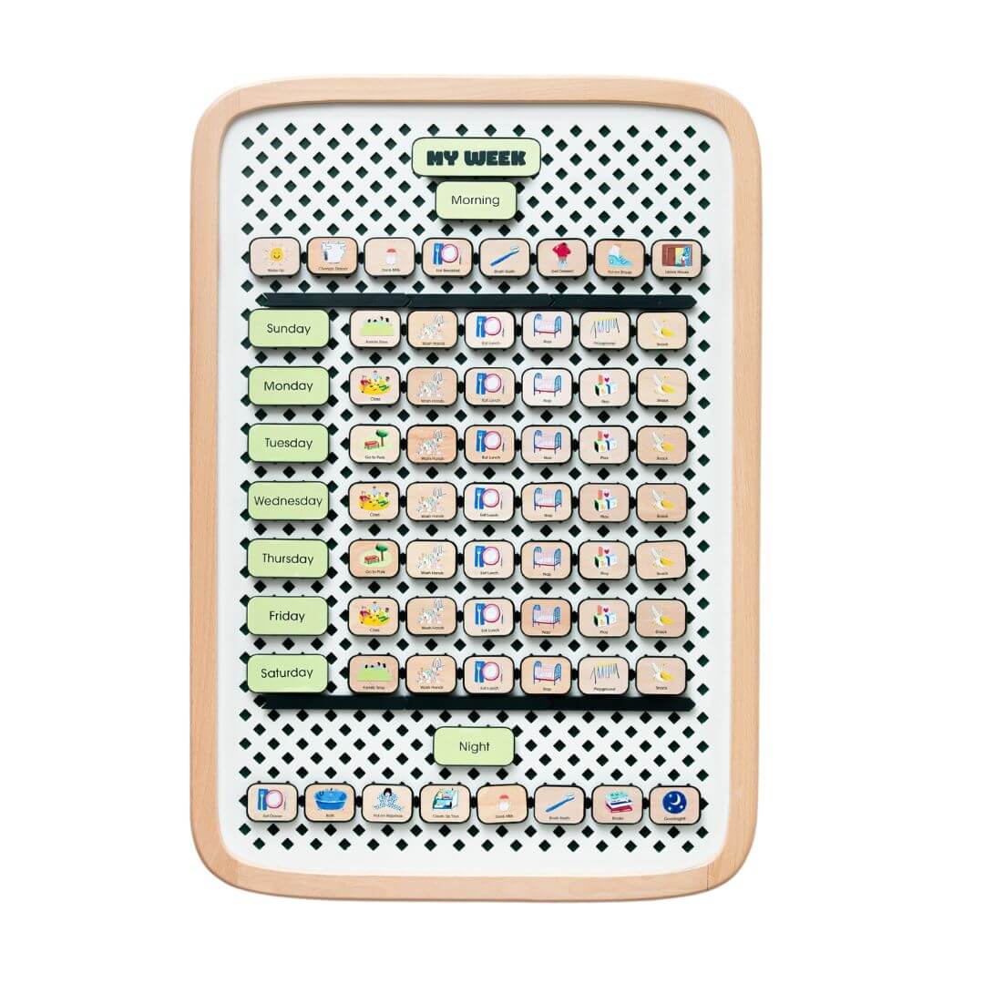 Large Charmspring wooden visual family routine board for school age children with picture tiles arranged by days of the week, shown on a white background. Bella Luna Toys