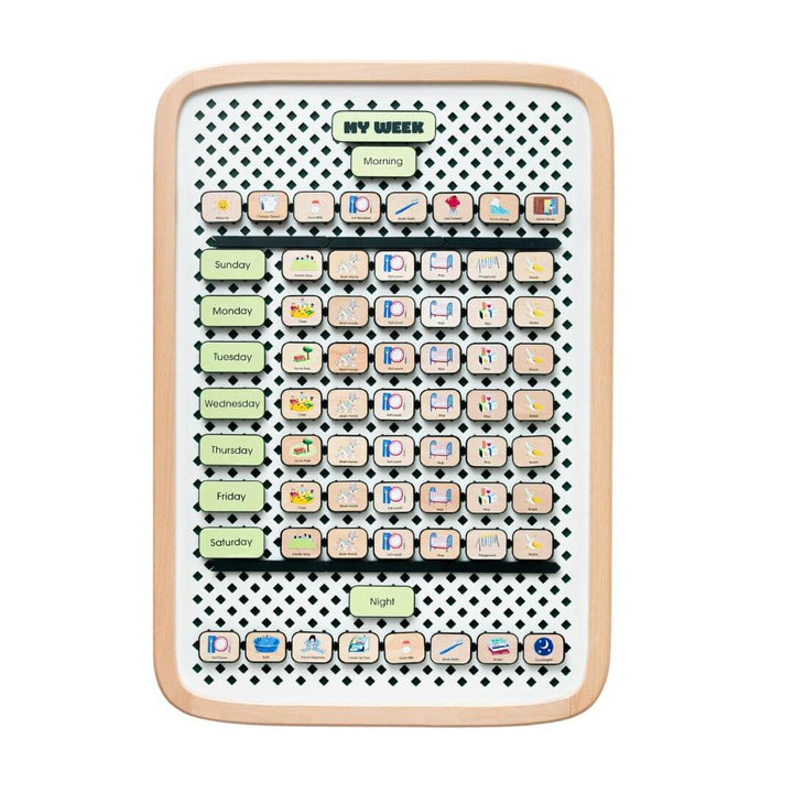 Large wooden Charmspring visual family routine board with picture tiles arranged by days of the week, shown on a white background. Bella Luna Toys