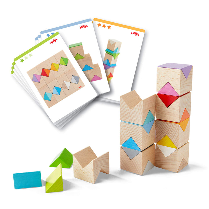 Colorful Triangle Wooden Block Game elements of stacked wooden geometric building blocks with rainbow colors and pattern cards.