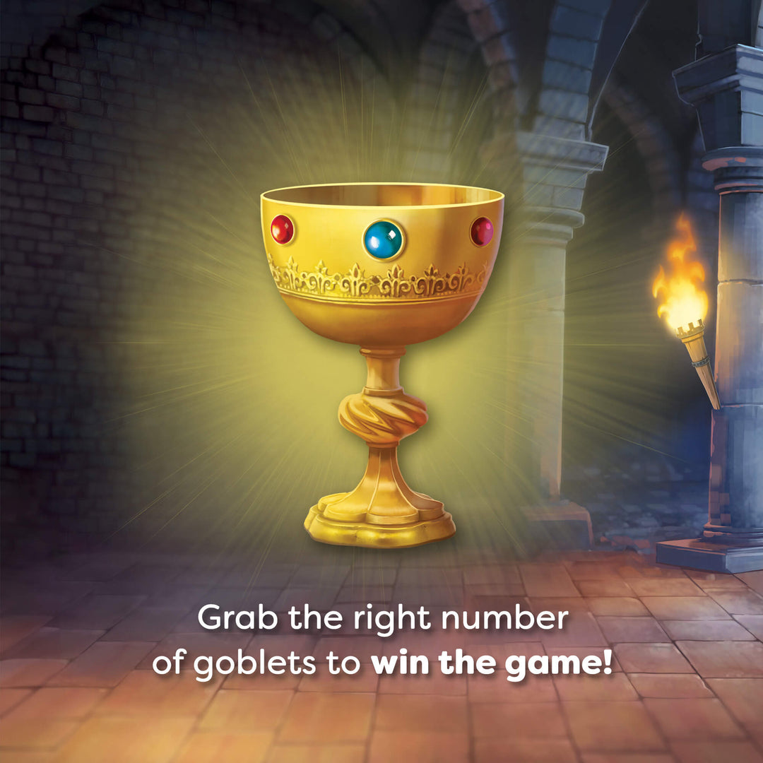 Gold goblet with colored stones in a fantasy setting with text 'Grab the right number of goblets to win the game!'.