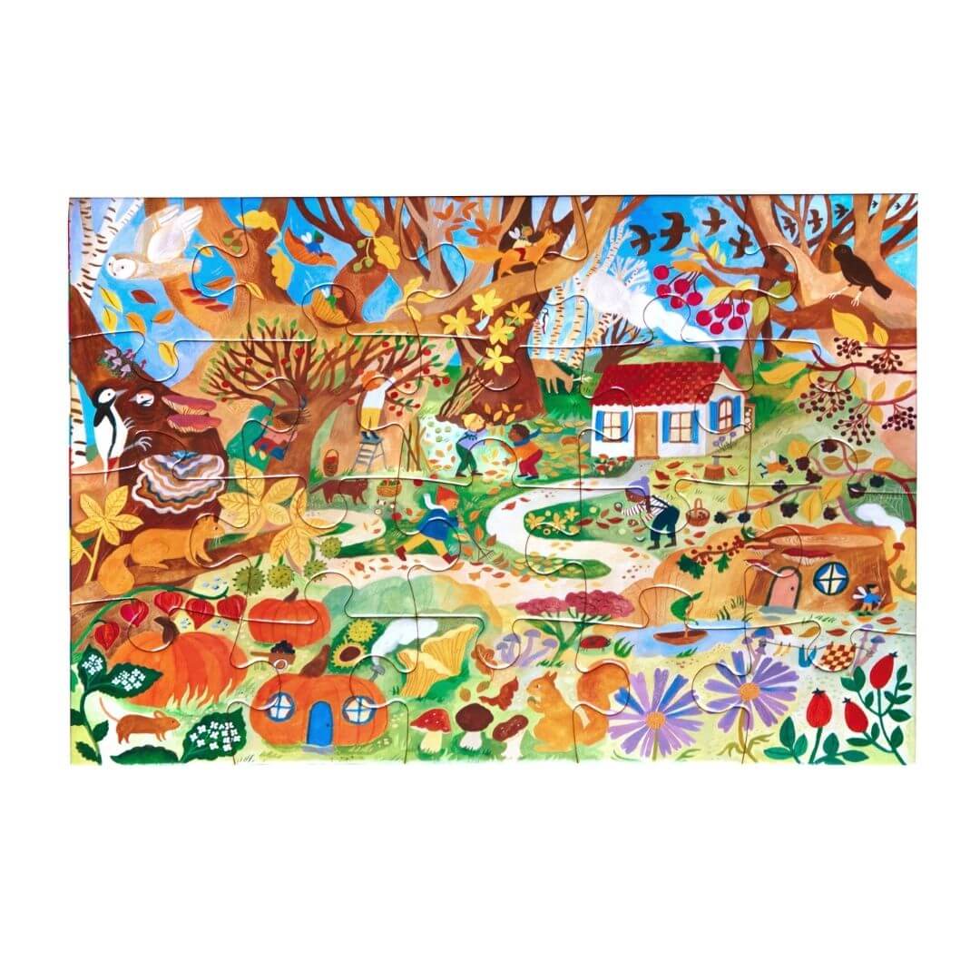 The completed and fully assembled colorful eeBoo Fairy Cottage 20-Piece Puzzle featuring a whimsical woodland scene with fairies, animals, and a cozy cottage, flat on a white background.