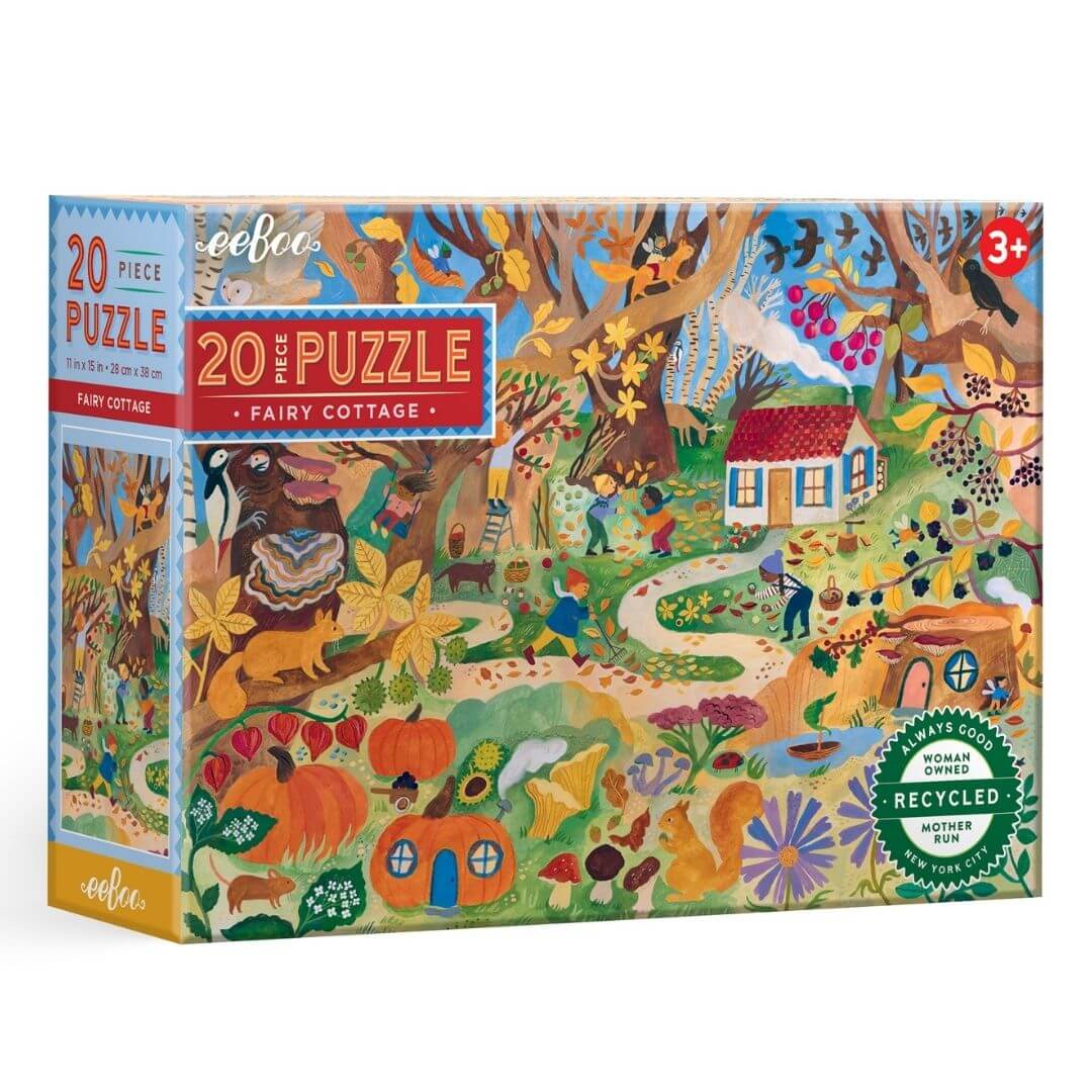 Colorful box of the eeBoo Fairy Cottage 20-Piece Puzzle featuring a whimsical woodland scene with fairies, animals, and a cozy cottage, designed for kids aged 3+.