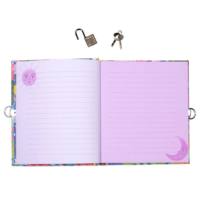 eeBoo Woodland Fawn Journal opened to show the lined pages as well as the lock, and two keys on a white background.