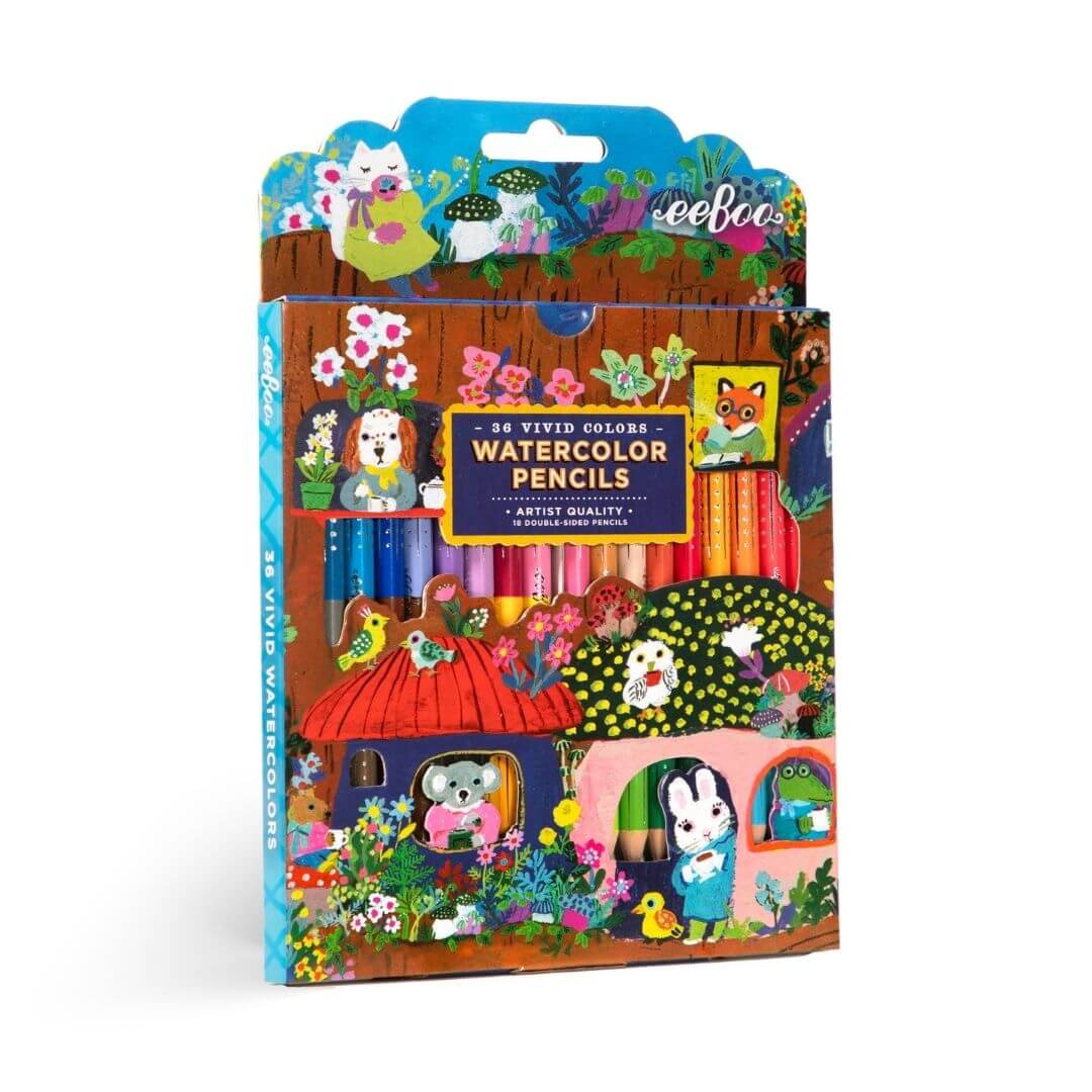 Pack of watercolor pencils from eeBoo with colorful packaging featuring cartoon animals and nature-themed illustrations.