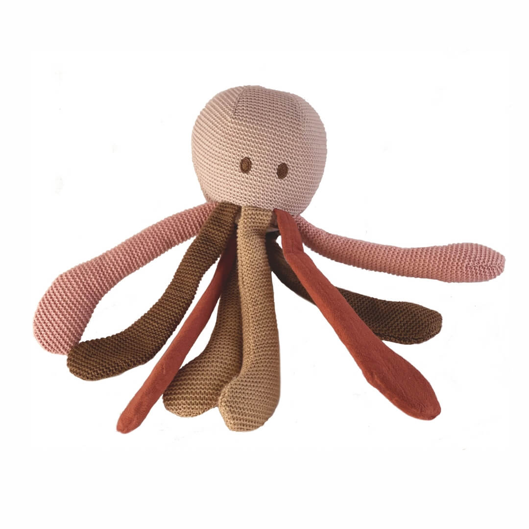 Soft knitted octopus toy in earthy tones with long legs, a gentle rattle in the head, and crinkly material in the legs shown against a white background. 