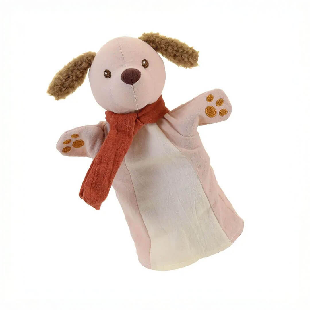 Egmont soft cotton dog hand puppet with embroidered features and a red scarf, designed for imaginative storytelling and pretend play - Bella Luna Toys