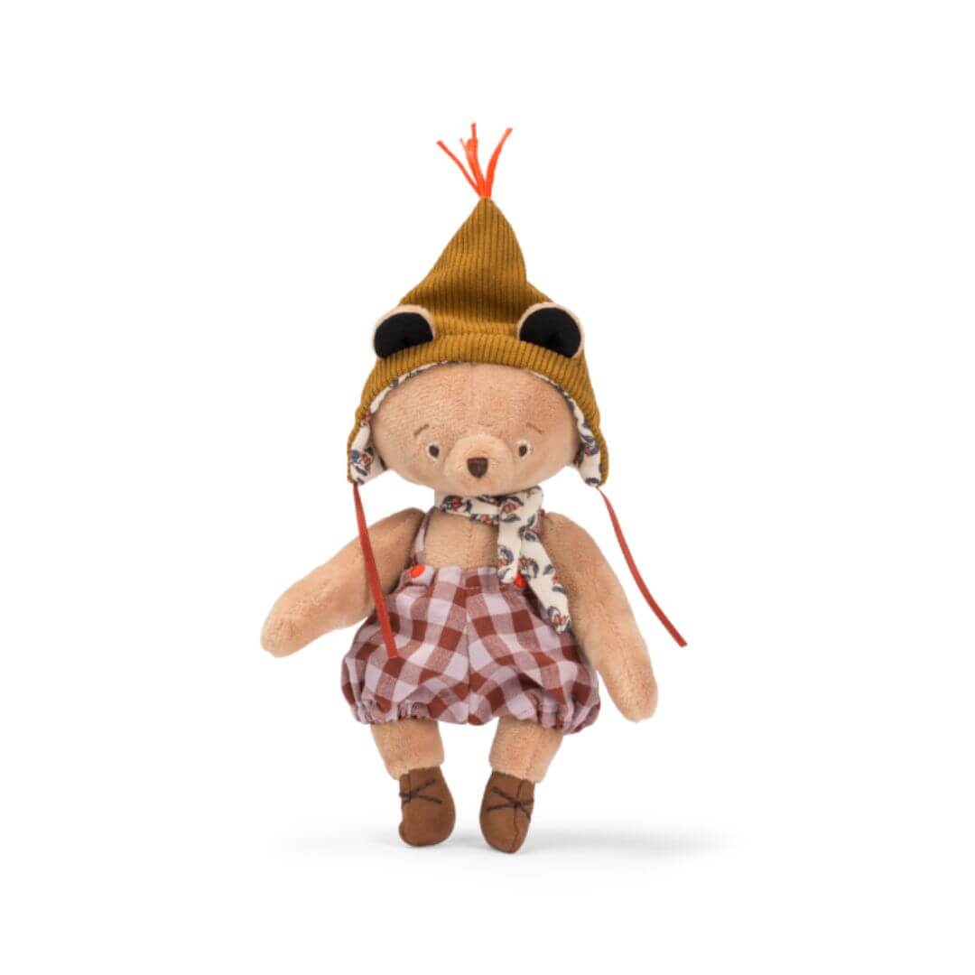 Moulin Roty - Emile the Small Bear stuffed animal wearing a bonnet and plaid overalls - Bella Luna Toys