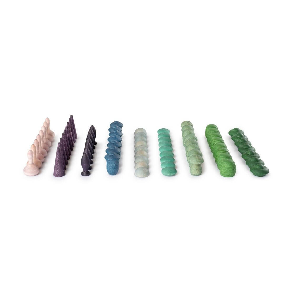 Grapat Mandala Mix Cold set with 81 hand-painted wooden mandala pieces in blue, green, and purple tones arranged by shape - Bella Luna Toys
