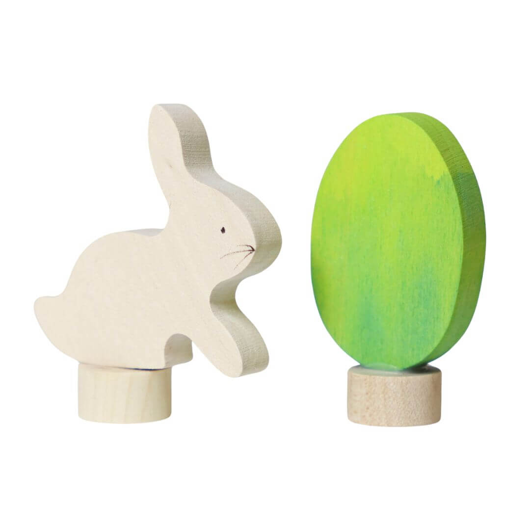 Grimm's Easter Egg and Bunny Celebration Ring Decorations – a handcrafted wooden bunny and an egg with a batik-style gradient in green. These seasonal decorations are perfect for celebrating spring, nature, and family traditions.