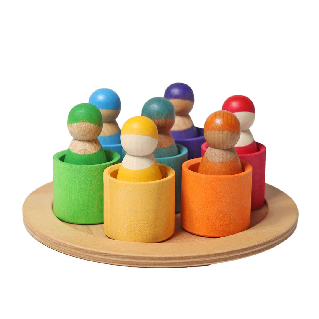 Grimm's Rainbow Wooden - Multiethnic -Peg Dolls in Bowls - Bella Luna Toys
