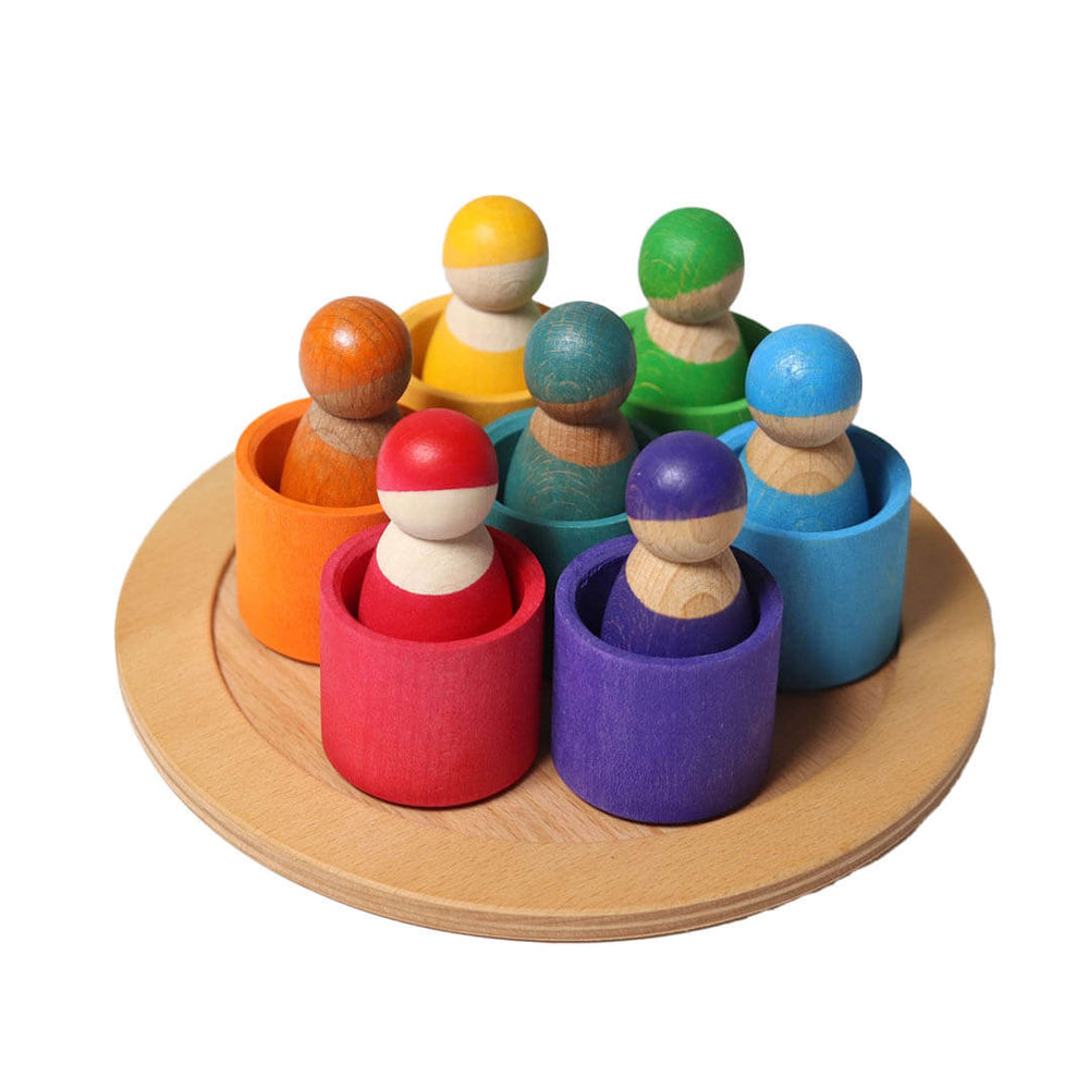 Grimm's Rainbow Wooden - Multiethnic -Peg Dolls in Bowls - Bella Luna Toys