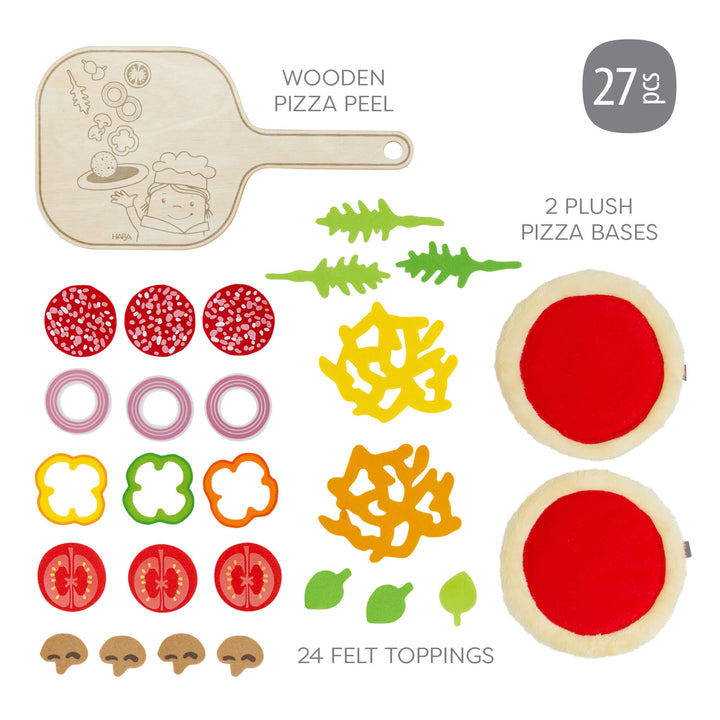 Children's pizza-making set with wooden pizza peel, plush pizza bases, and felt toppings on a white background.