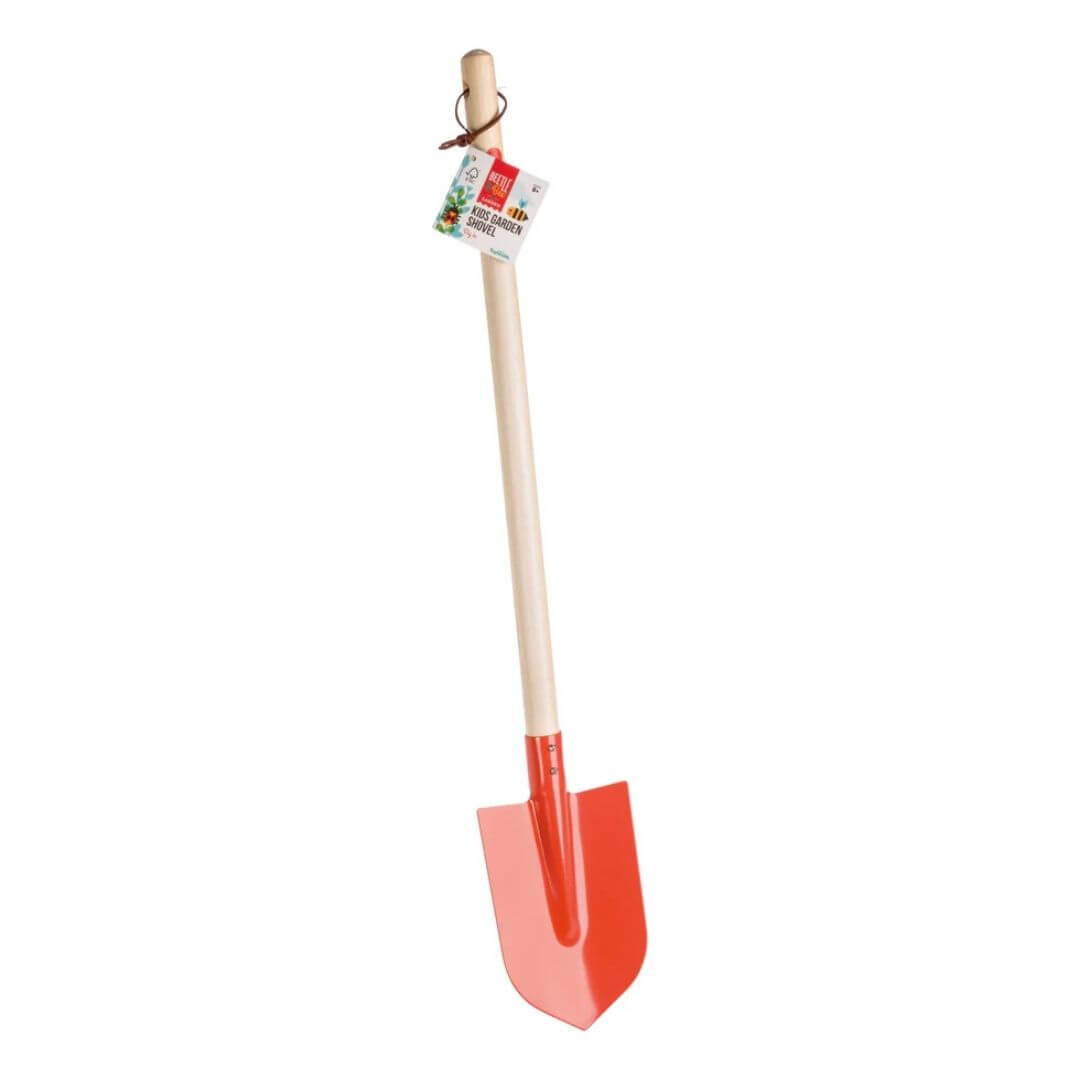 Child-sized garden shovel with a hardwood handle, red metal blade, and leather hanging loop on a white background.