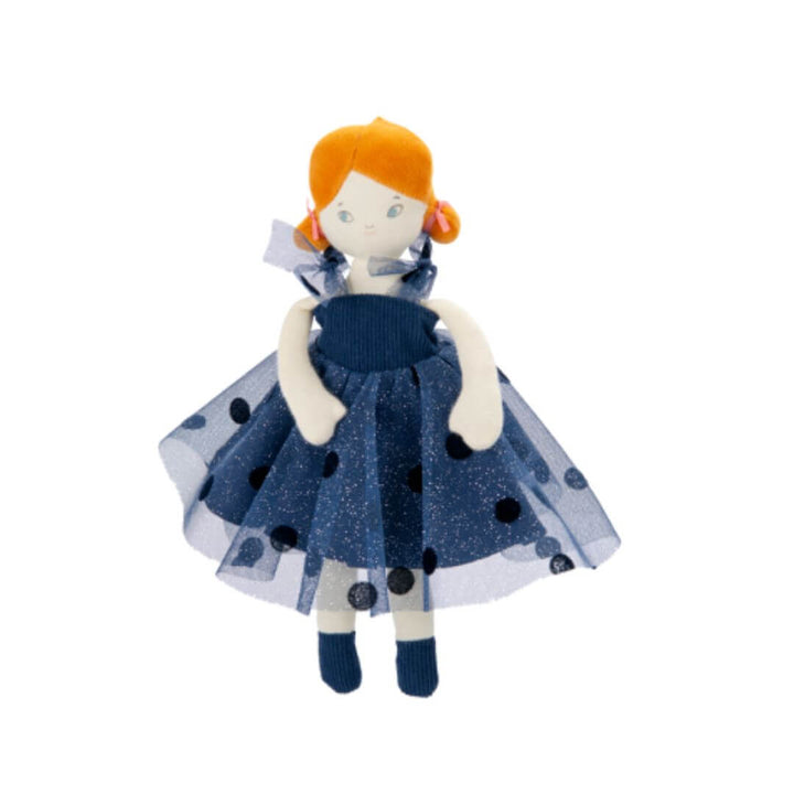 Red haired doll in a blue sparkle dress.