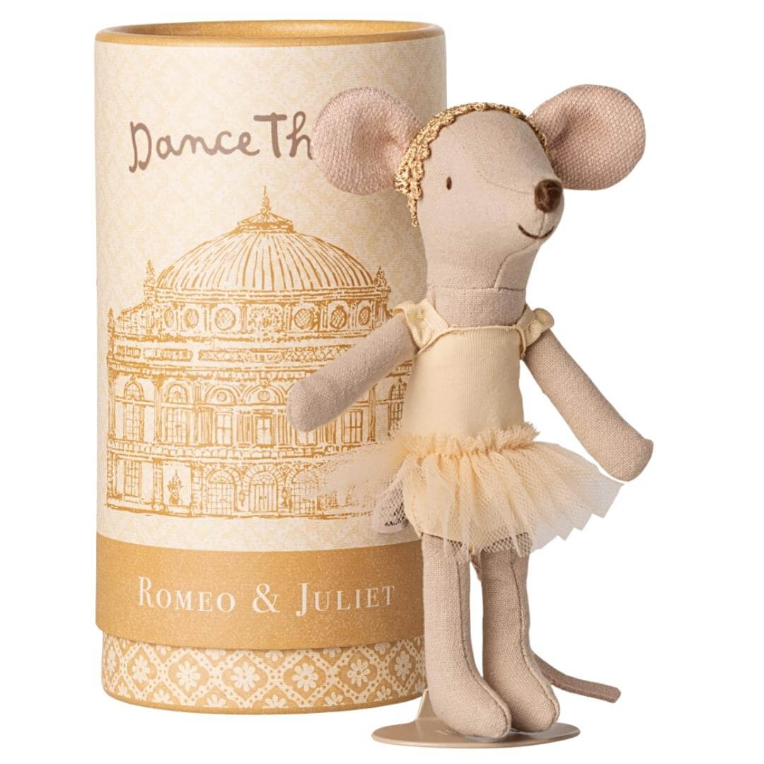 Maileg Ballet Dancer Mouse with headband and tulle skirt, presented in illustrated keepsake box, from Bella Luna Toys.