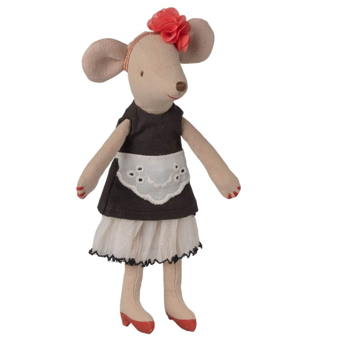 Maileg - Maileg Beautician Mouse wearing a black and white dress with red heels and red floral headpiece standing against a light background - Bella Luna Toys