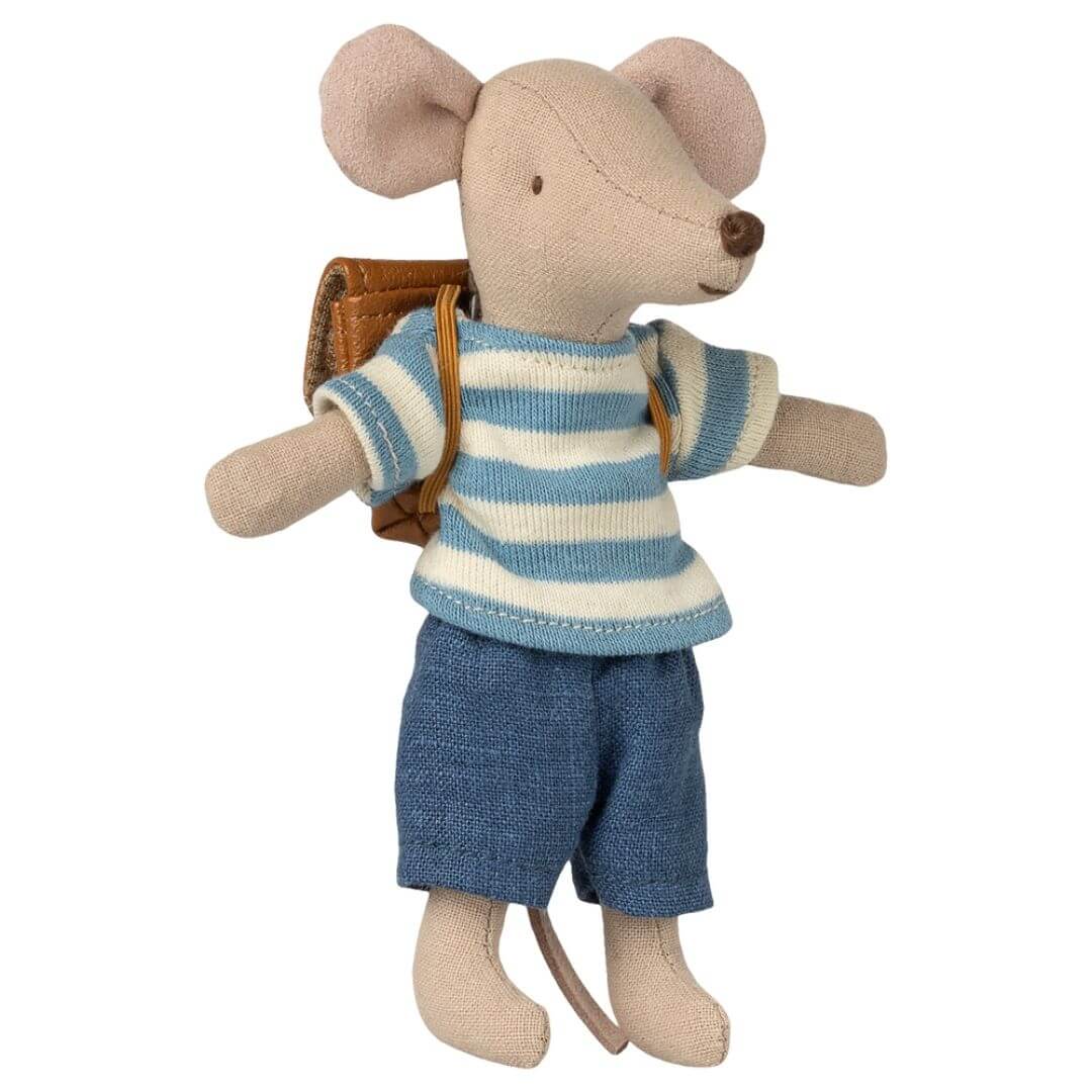 Maileg - Tricycle mouse, Big brother with a blue and white striped shirt and jean shorts and a brown backpack
 - Bella Luna Toys