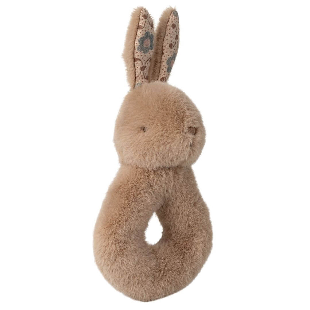 Maileg plush bunny rattle with cotton fabric print lining the ears and gentle rattle sound.
